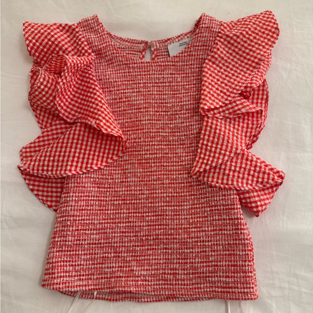 C/MEO Collective Red Gingham Ruffle Blouse